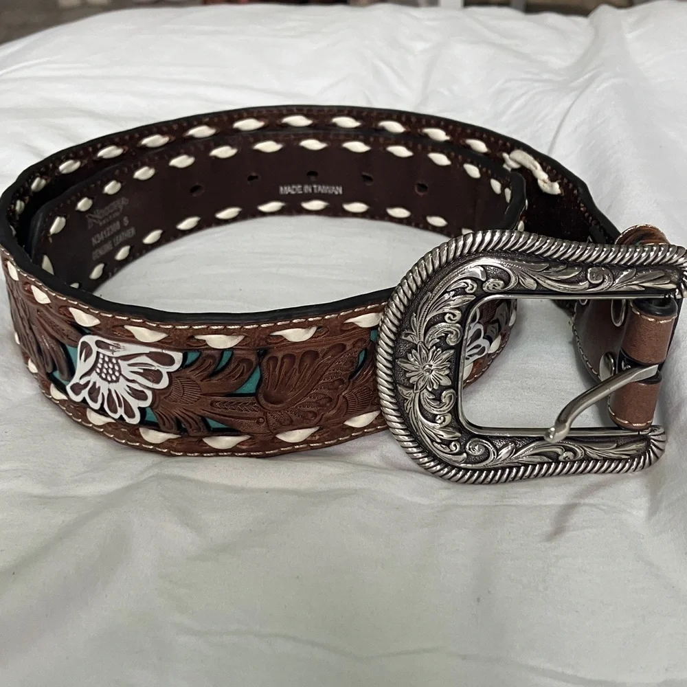 Nocona Dark Brown Leather Belt with White Accents